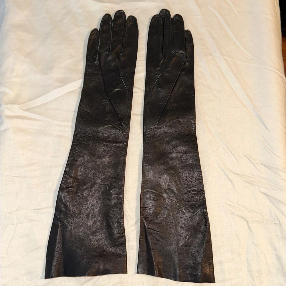 Vintage NWOT Dead Stock‎ Long Black Leather Gloves with Embroidered Design